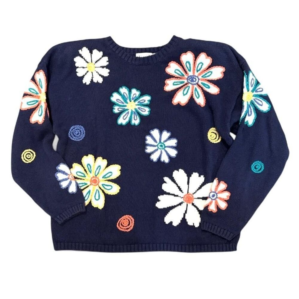 Vintage Bugle Boy Sweater Floral Knit Crewneck 90s boho embroidered Wmns M Navy